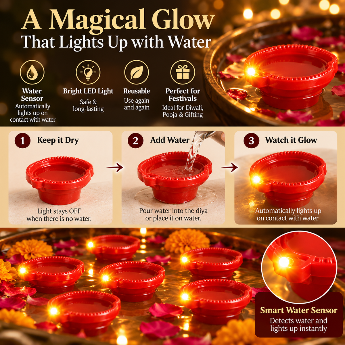 Magic Water Sensor Diya – Pack of 12 | Themoe